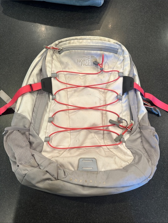 The North Face Handbags - The North Face light gray backpack with pink bungee straps